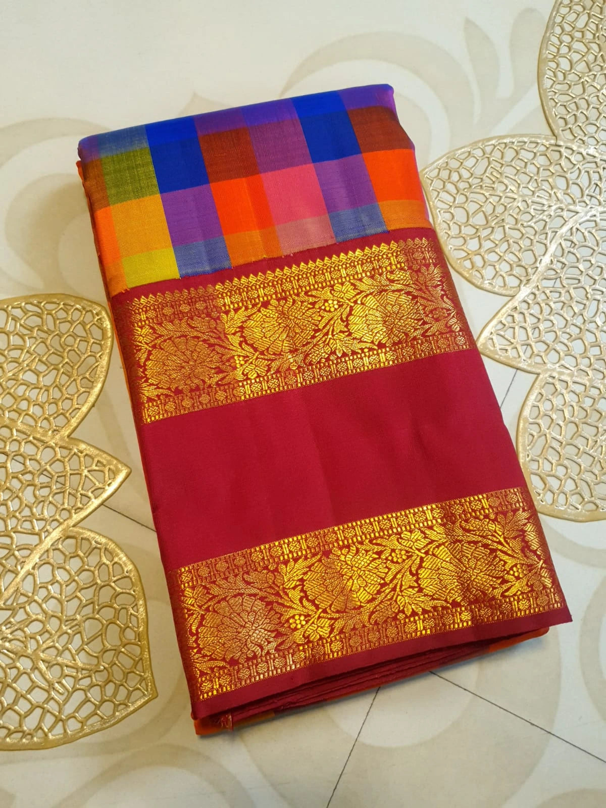 2G Pure Korvai Kanjivaram Silk Saree in Multicolour Checks with Rich Maroon Gold Zari Floral Border | Silkmark Certified