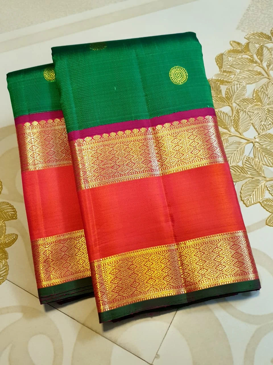 2G Pure Kanjivaram Silk Saree in Emerald Green with Red Korvai Border and Rich Gold Zari | Silkmark Certified