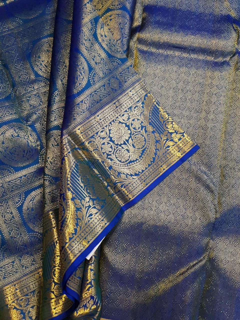 2G Pure Kanjivaram Silk Saree in Royal Blue with Gold Zari Horse Butta and Rich Floral Border | Silkmark Certified