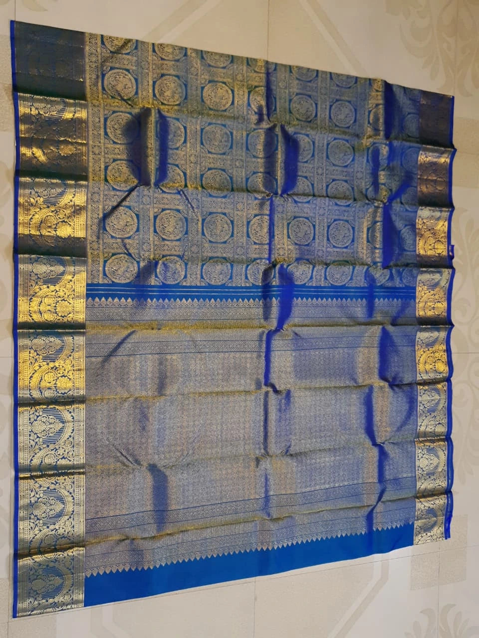 2G Pure Kanjivaram Silk Saree in Royal Blue with Gold Zari Horse Butta and Rich Floral Border | Silkmark Certified