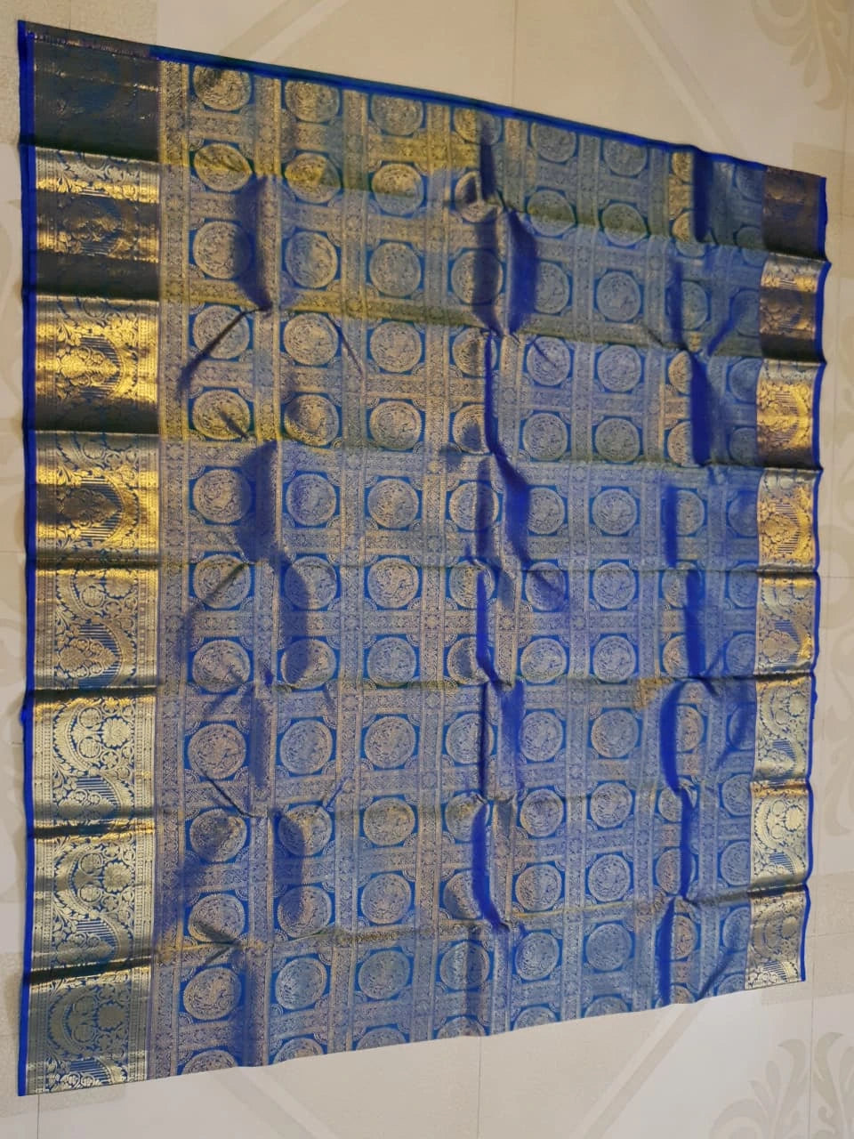 2G Pure Kanjivaram Silk Saree in Royal Blue with Gold Zari Horse Butta and Rich Floral Border | Silkmark Certified