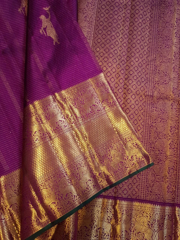 2G Pure Zari Kanjivaram Silk Saree in Rich Purple with Aandal Buttas and Traditional Horse Zari Border | Silkmark Certified