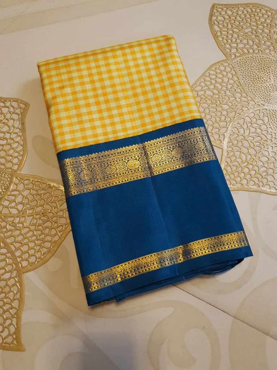 2G Pure Kanjivaram Silk Saree in Mustard Yellow Checks with Royal Blue and Zari Border | Silkmark Certified