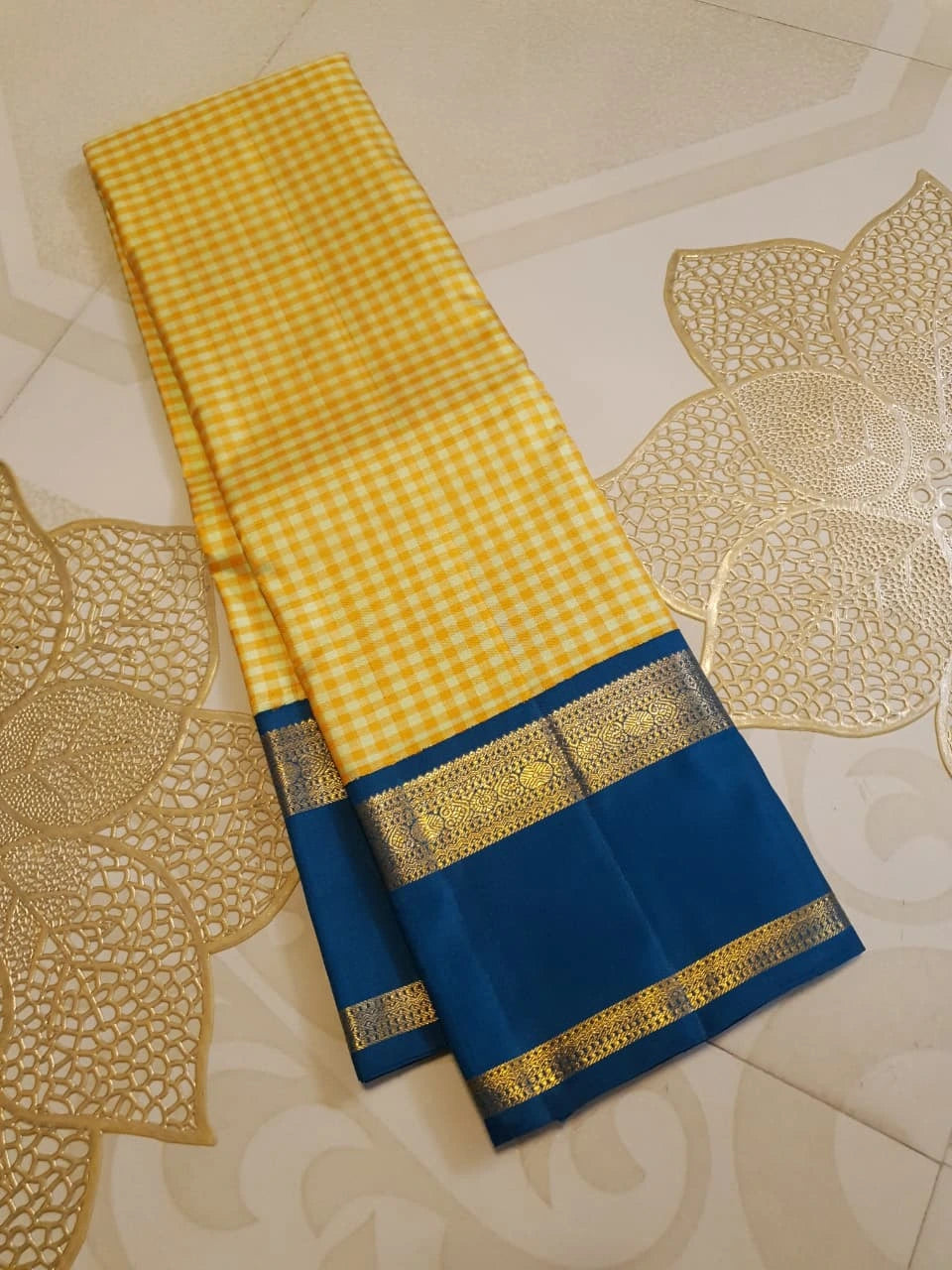 2G Pure Kanjivaram Silk Saree in Mustard Yellow Checks with Royal Blue and Zari Border | Silkmark Certified