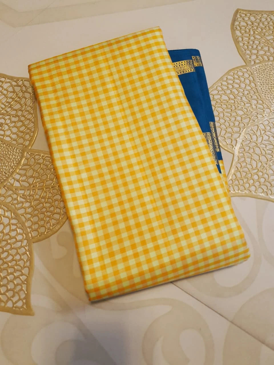 2G Pure Kanjivaram Silk Saree in Mustard Yellow Checks with Royal Blue and Zari Border | Silkmark Certified