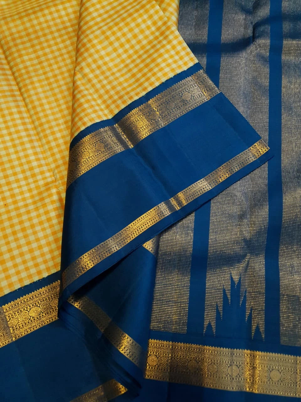 2G Pure Kanjivaram Silk Saree in Mustard Yellow Checks with Royal Blue and Zari Border | Silkmark Certified