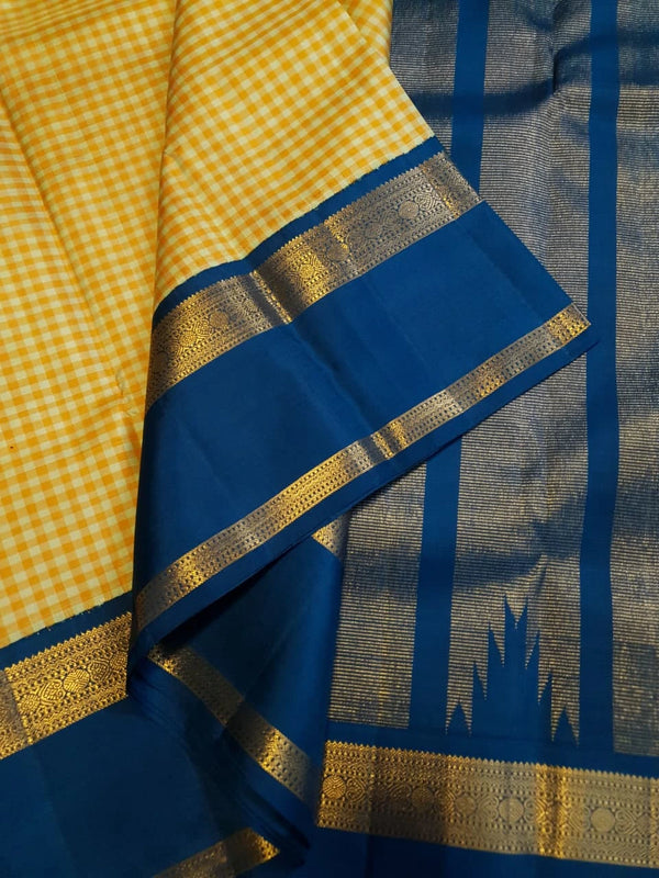 2G Pure Kanjivaram Silk Saree in Mustard Yellow Checks with Royal Blue and Zari Border | Silkmark Certified