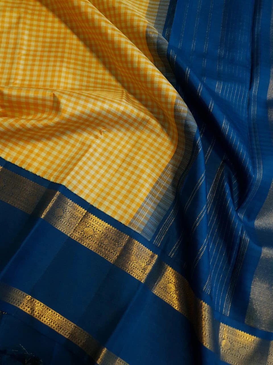 2G Pure Kanjivaram Silk Saree in Mustard Yellow Checks with Royal Blue and Zari Border | Silkmark Certified