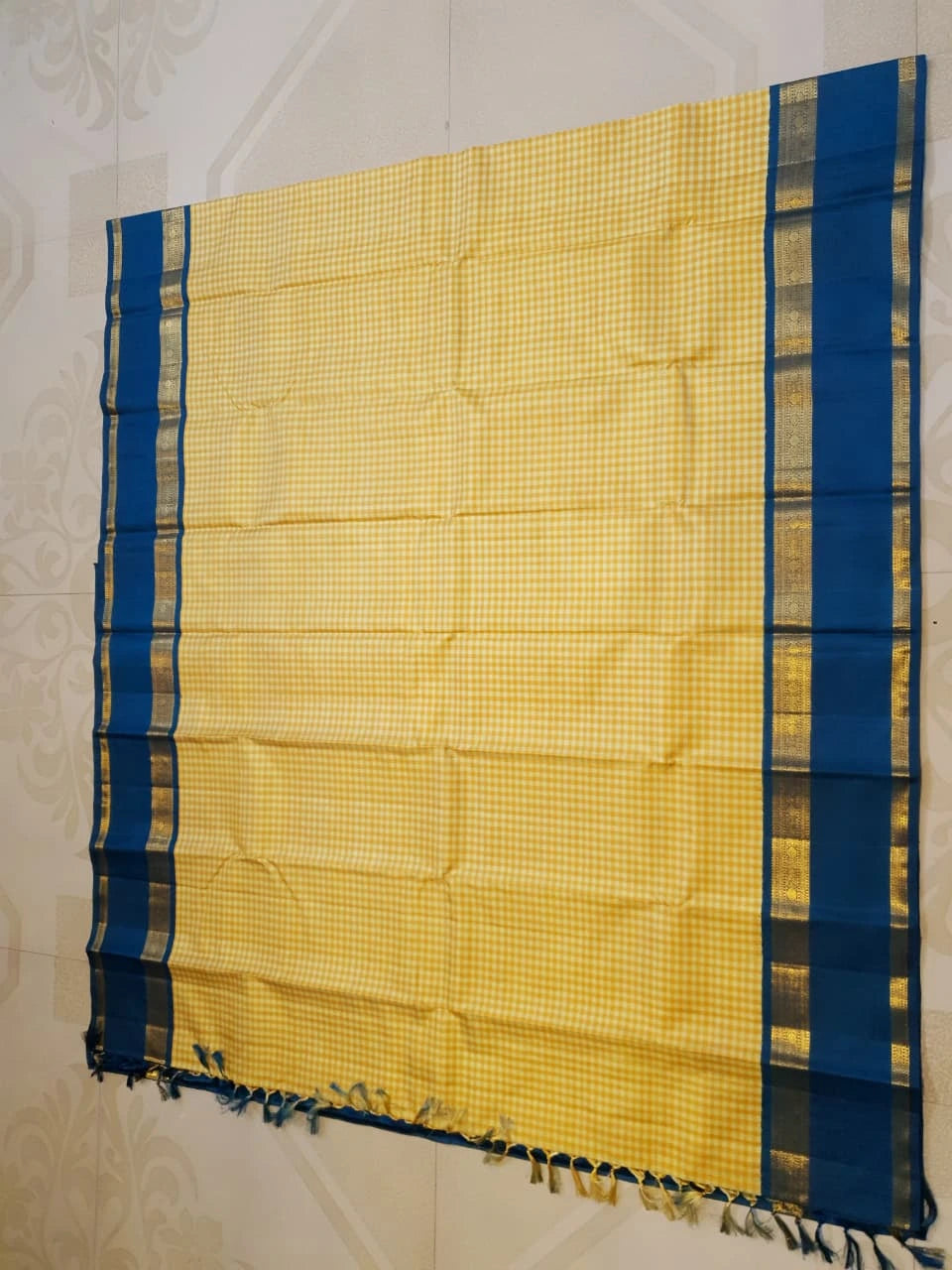 2G Pure Kanjivaram Silk Saree in Mustard Yellow Checks with Royal Blue and Zari Border | Silkmark Certified