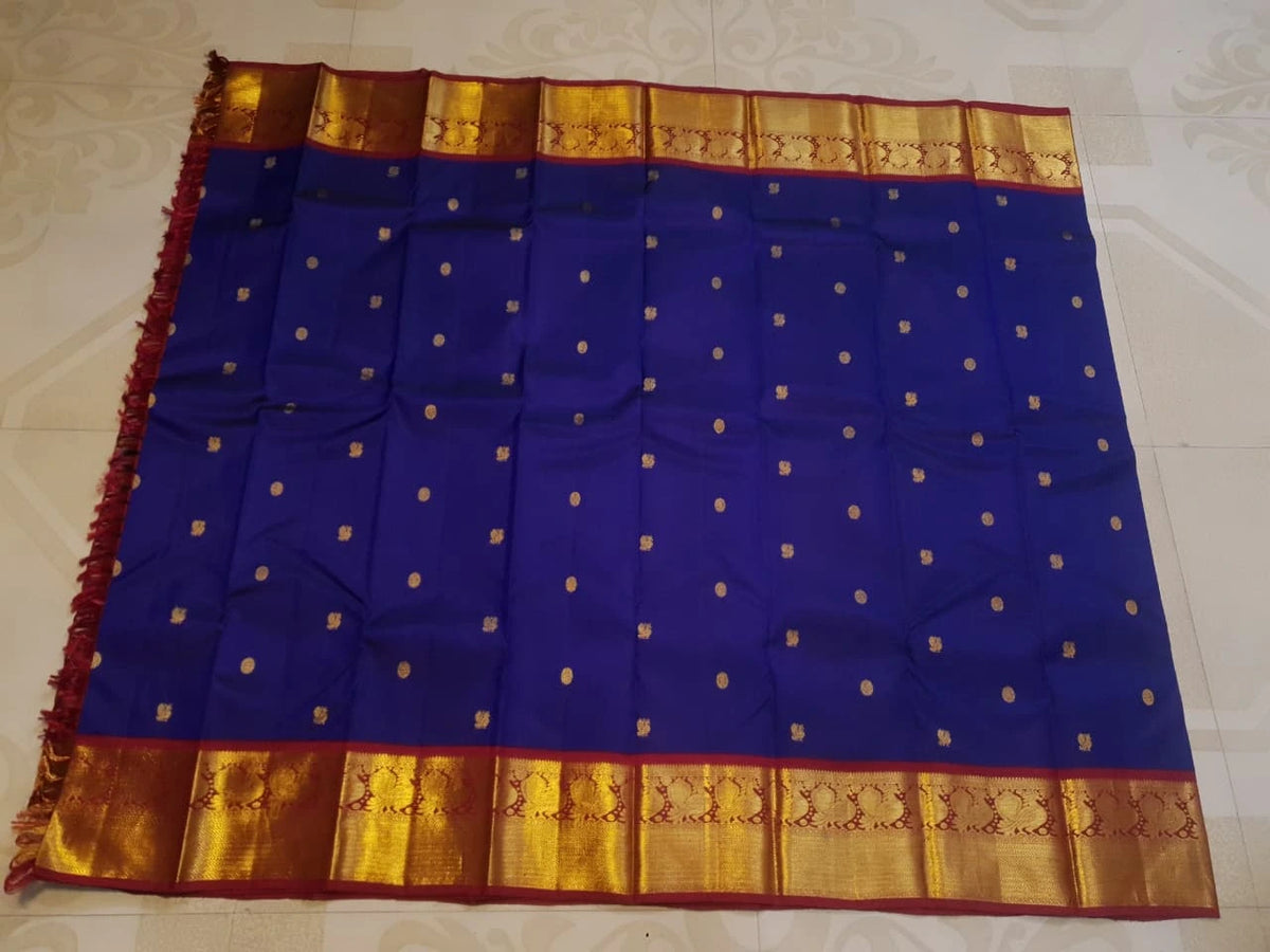 2G Pure Korvai Kanjivaram Silk Saree in Royal Blue with Red Traditional Gold Zari Peacock Border and Buttas | Silkmark Certified