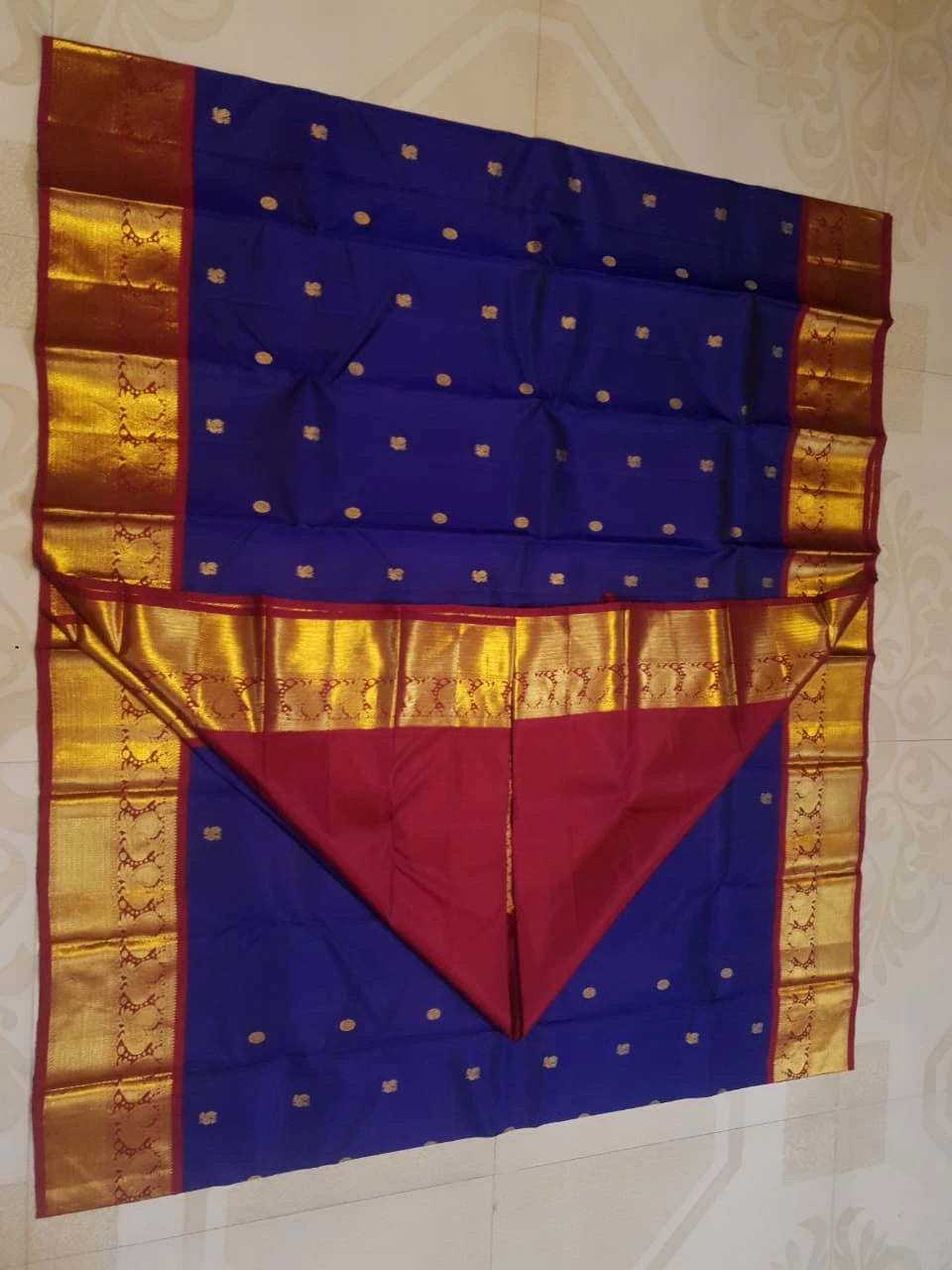 2G Pure Korvai Kanjivaram Silk Saree in Royal Blue with Red Traditional Gold Zari Peacock Border and Buttas | Silkmark Certified