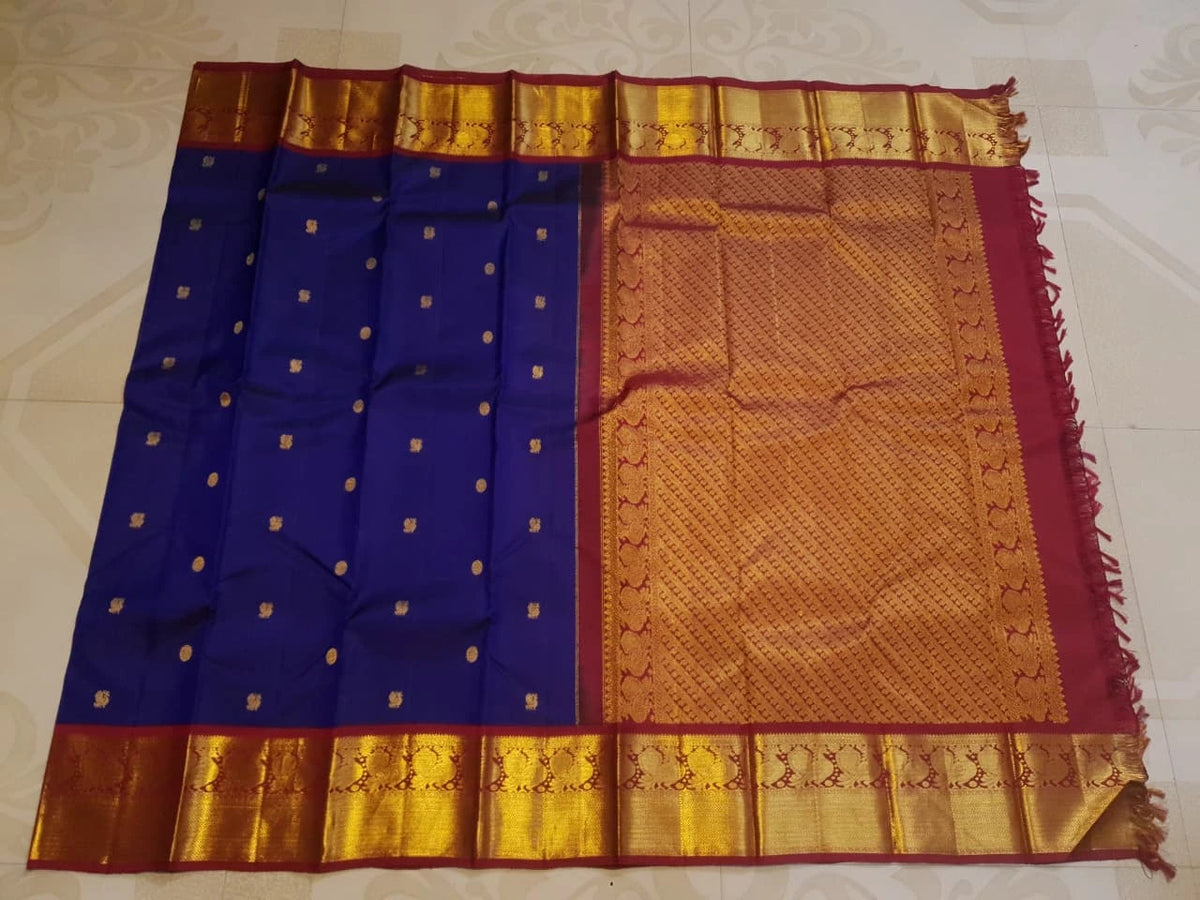 2G Pure Korvai Kanjivaram Silk Saree in Royal Blue with Red Traditional Gold Zari Peacock Border and Buttas | Silkmark Certified