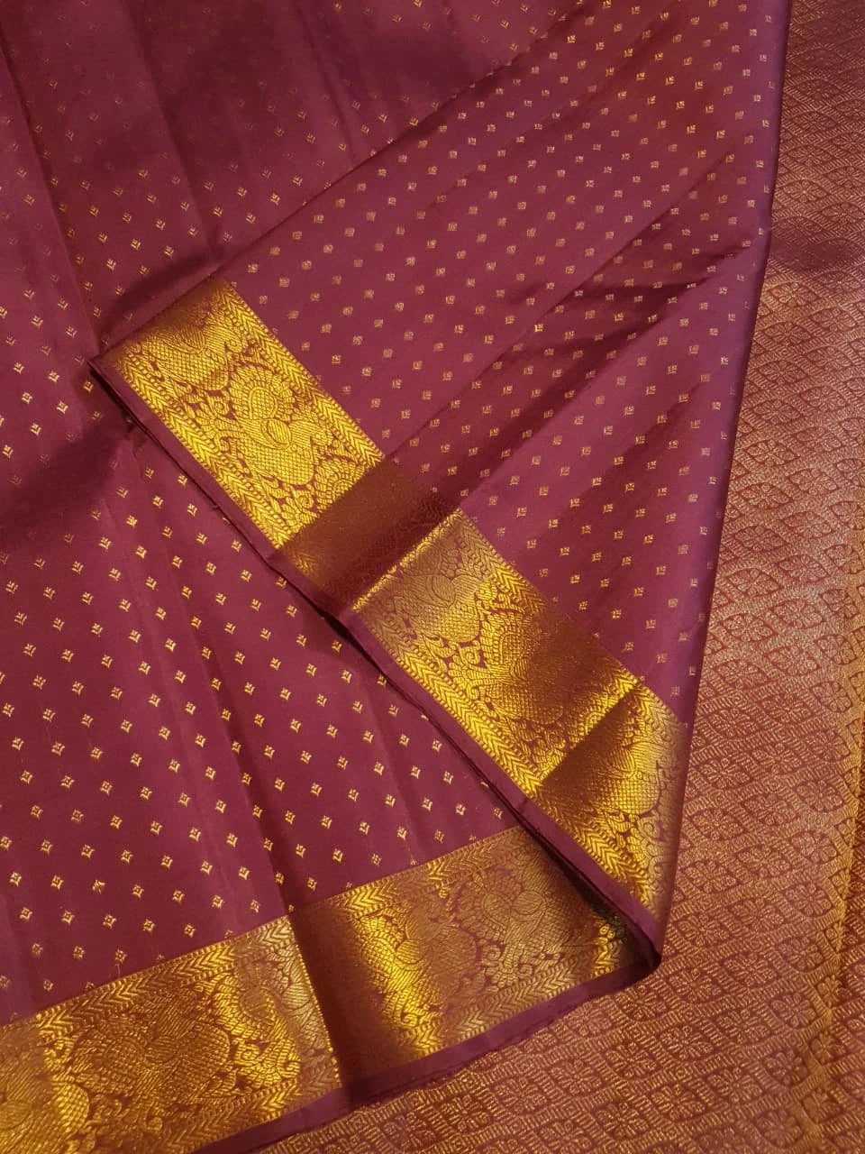 2G Pure Kanjivaram Silk Saree in Deep Maroon with All-Over Gold Zari Buttas and Traditional Peacock Zari Border | Silkmark Certified