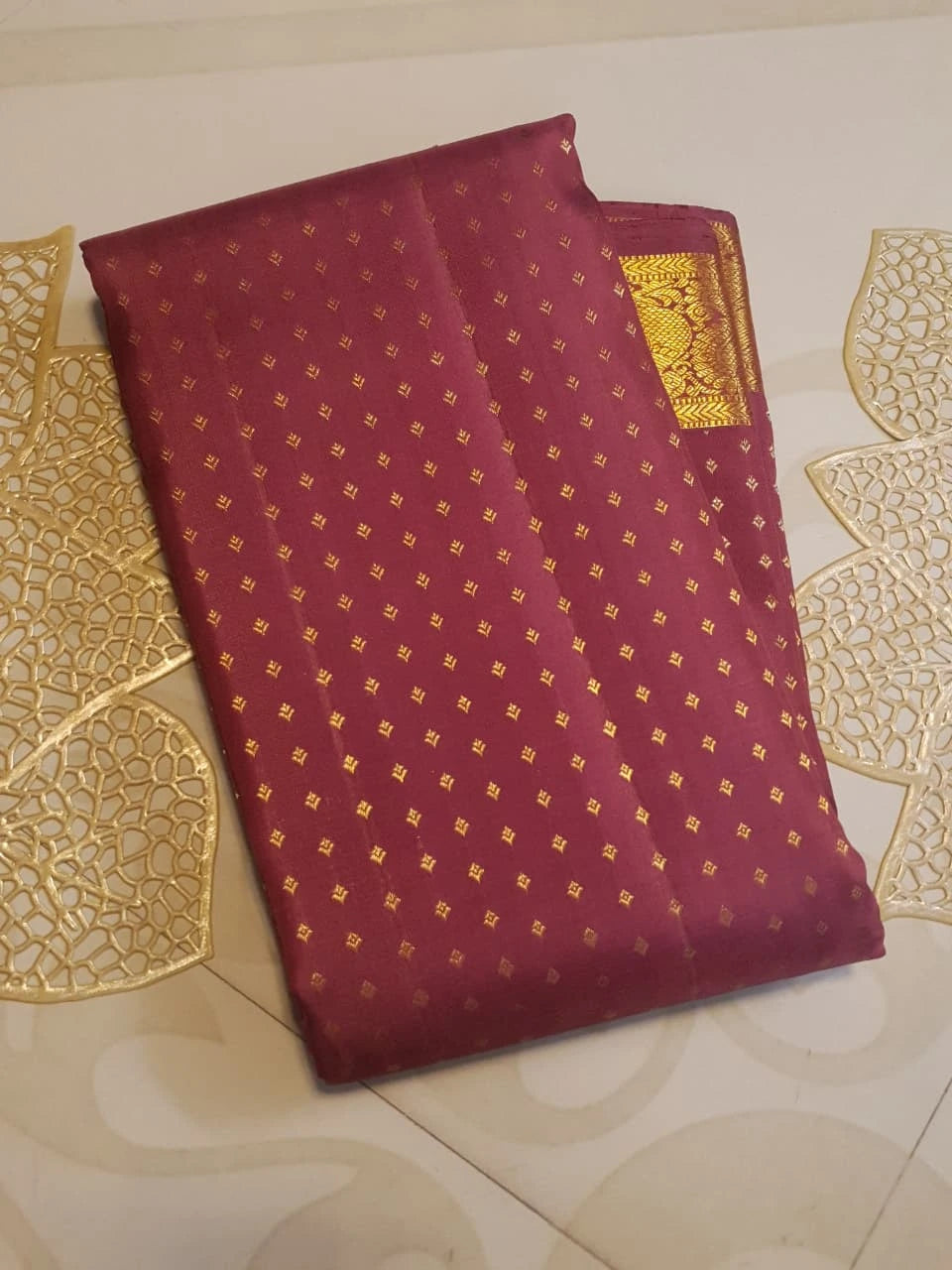 2G Pure Kanjivaram Silk Saree in Deep Maroon with All-Over Gold Zari Buttas and Traditional Peacock Zari Border | Silkmark Certified