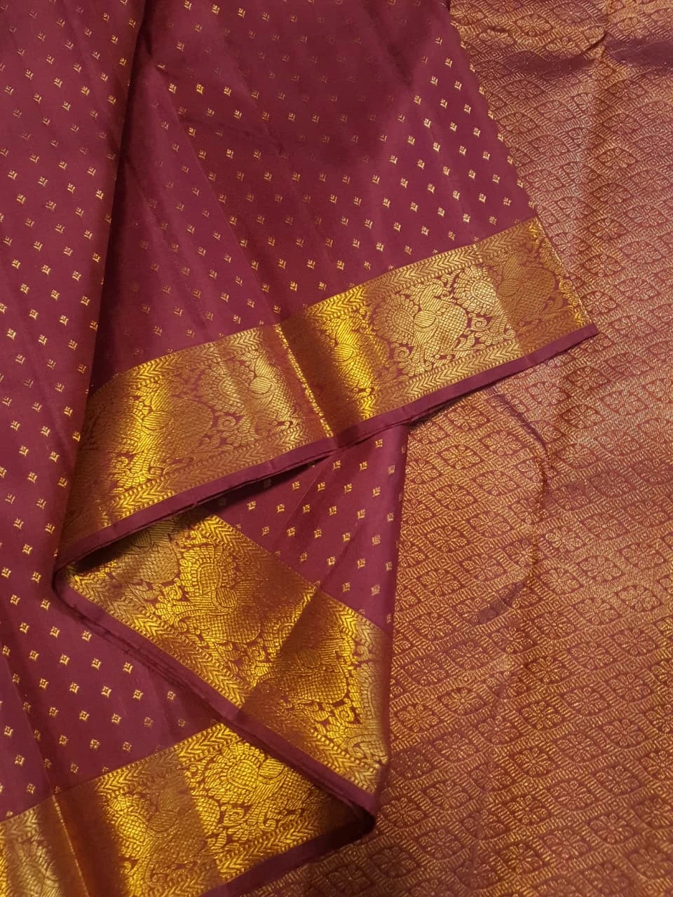 2G Pure Kanjivaram Silk Saree in Deep Maroon with All-Over Gold Zari Buttas and Traditional Peacock Zari Border | Silkmark Certified