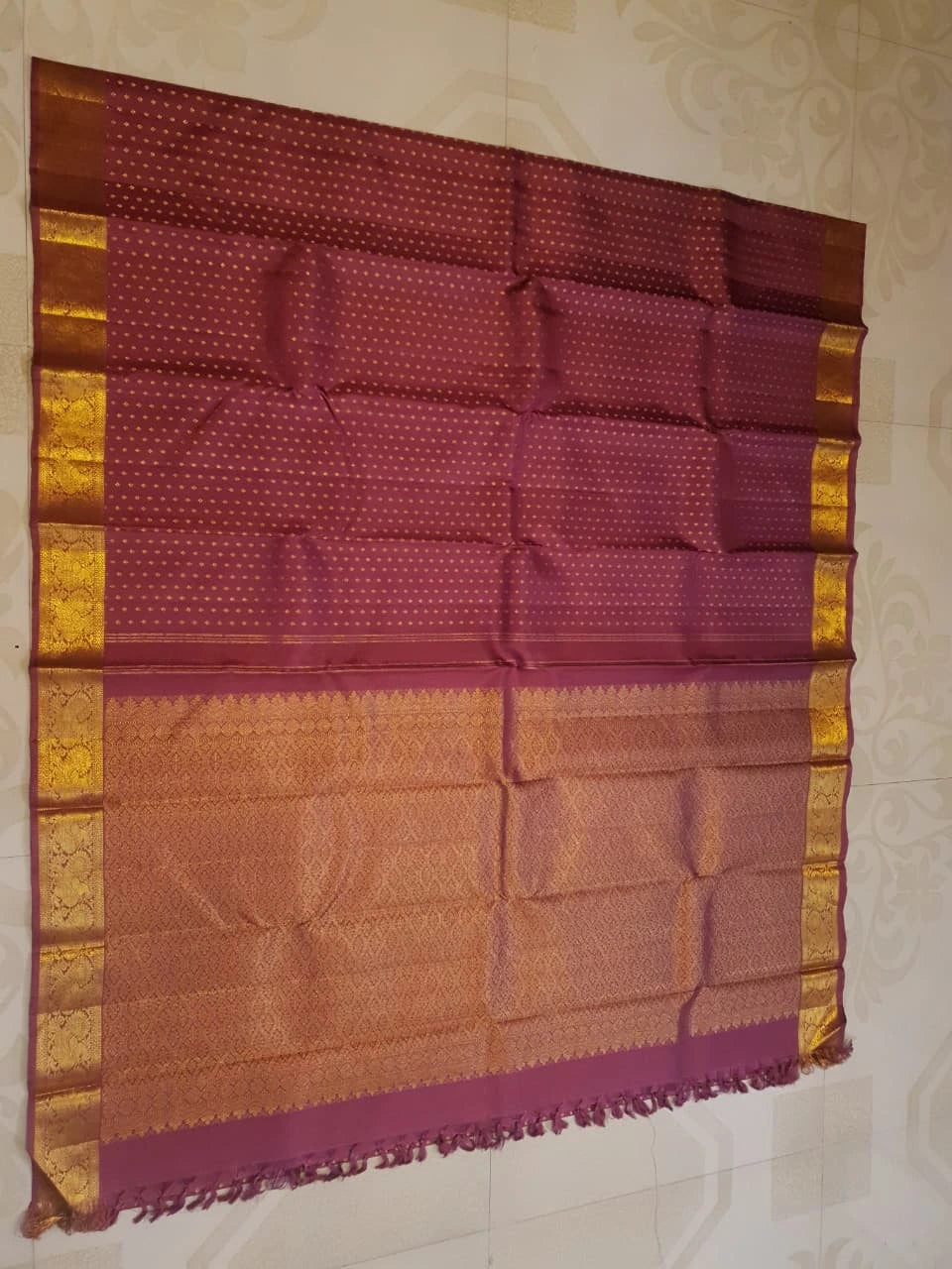 2G Pure Kanjivaram Silk Saree in Deep Maroon with All-Over Gold Zari Buttas and Traditional Peacock Zari Border | Silkmark Certified