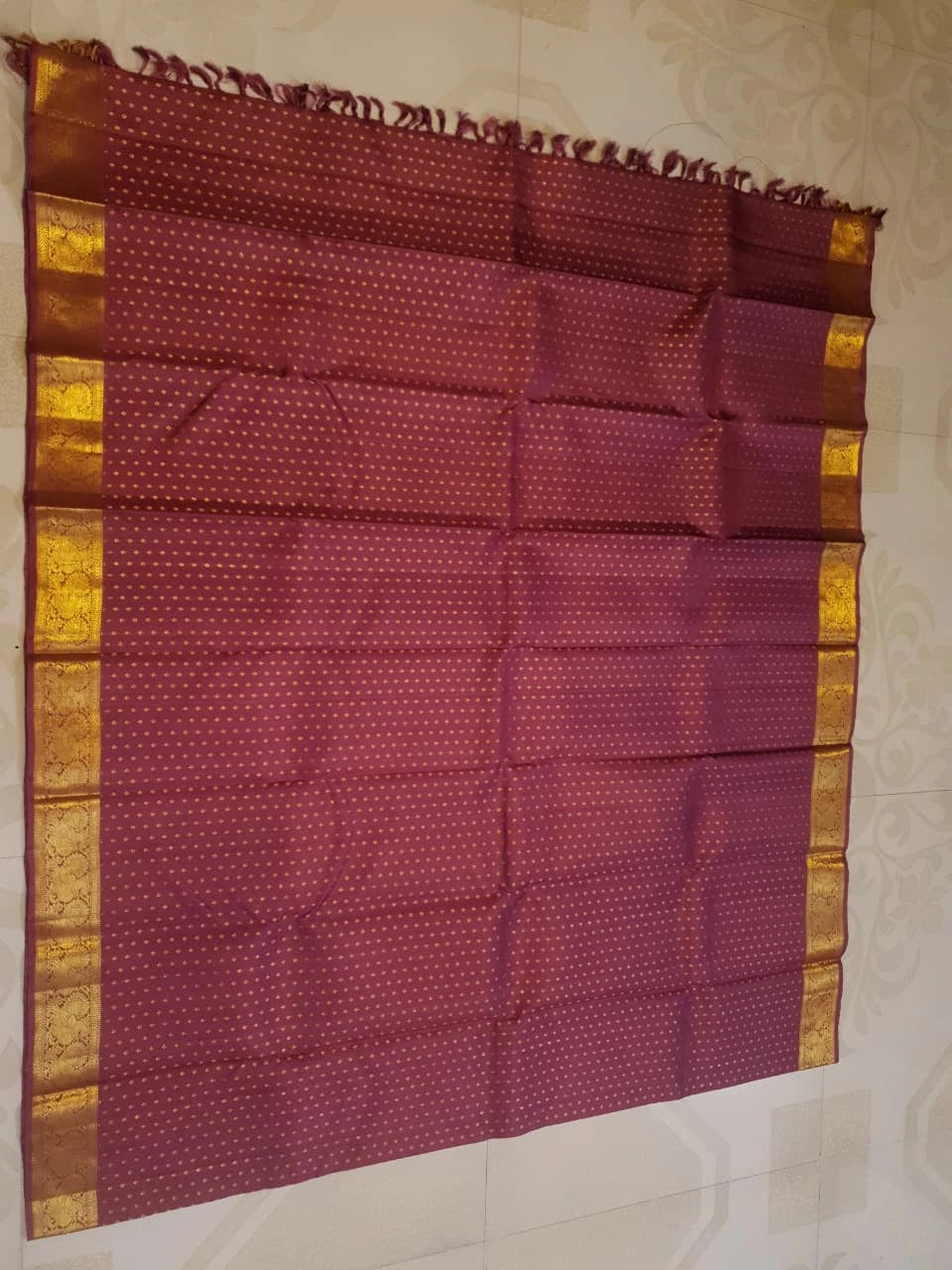 2G Pure Kanjivaram Silk Saree in Deep Maroon with All-Over Gold Zari Buttas and Traditional Peacock Zari Border | Silkmark Certified