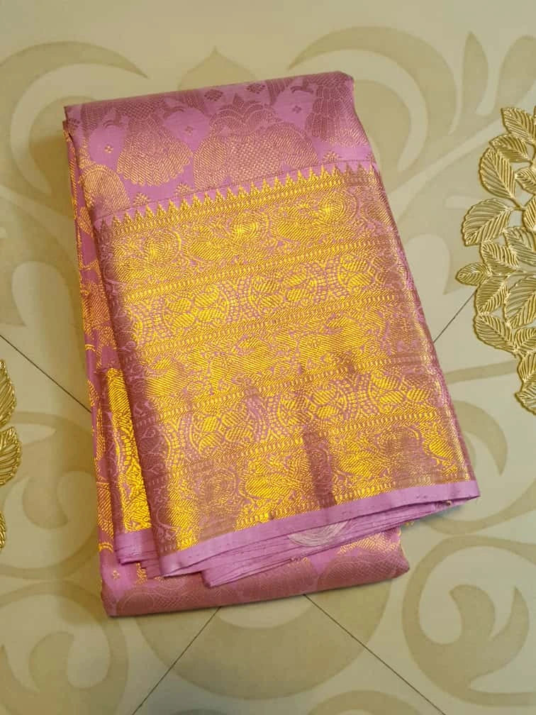 2G Pure Kanjivaram Silk Saree in Lavender Pink with Rich Gold Zari Floral Jangla Weave and Traditional Zari Border | Silkmark Certified
