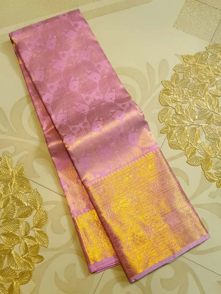 2G Pure Kanjivaram Silk Saree in Lavender Pink with Rich Gold Zari Floral Jangla Weave and Traditional Zari Border | Silkmark Certified