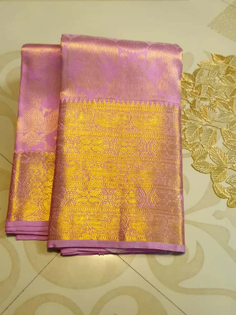2G Pure Kanjivaram Silk Saree in Lavender Pink with Rich Gold Zari Floral Jangla Weave and Traditional Zari Border | Silkmark Certified