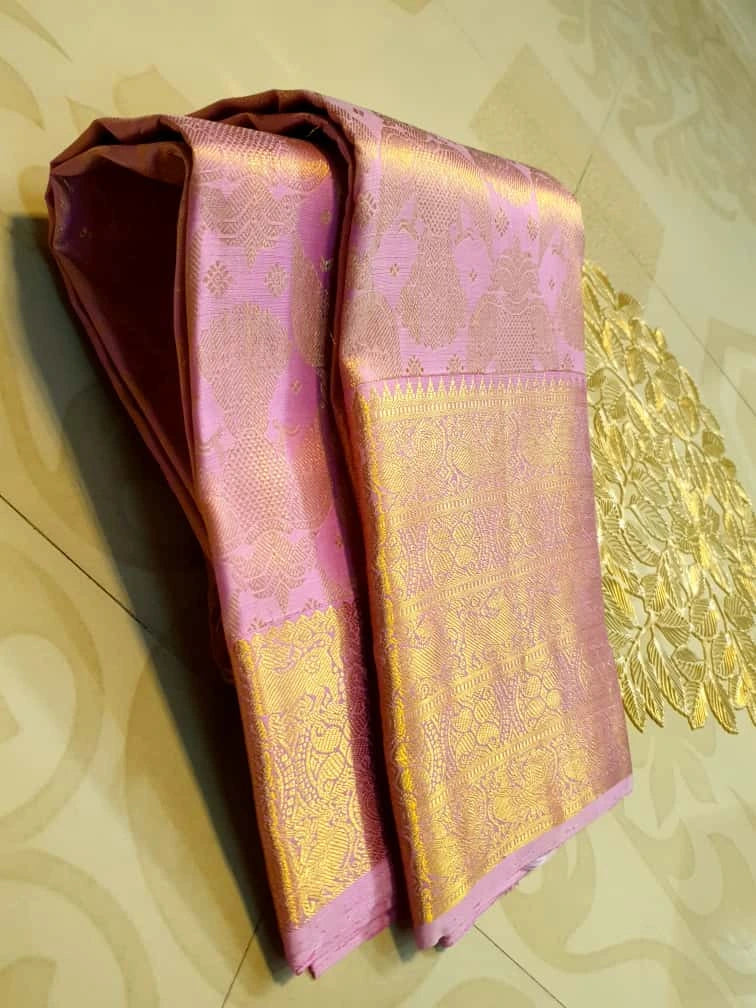 2G Pure Kanjivaram Silk Saree in Lavender Pink with Rich Gold Zari Floral Jangla Weave and Traditional Zari Border | Silkmark Certified
