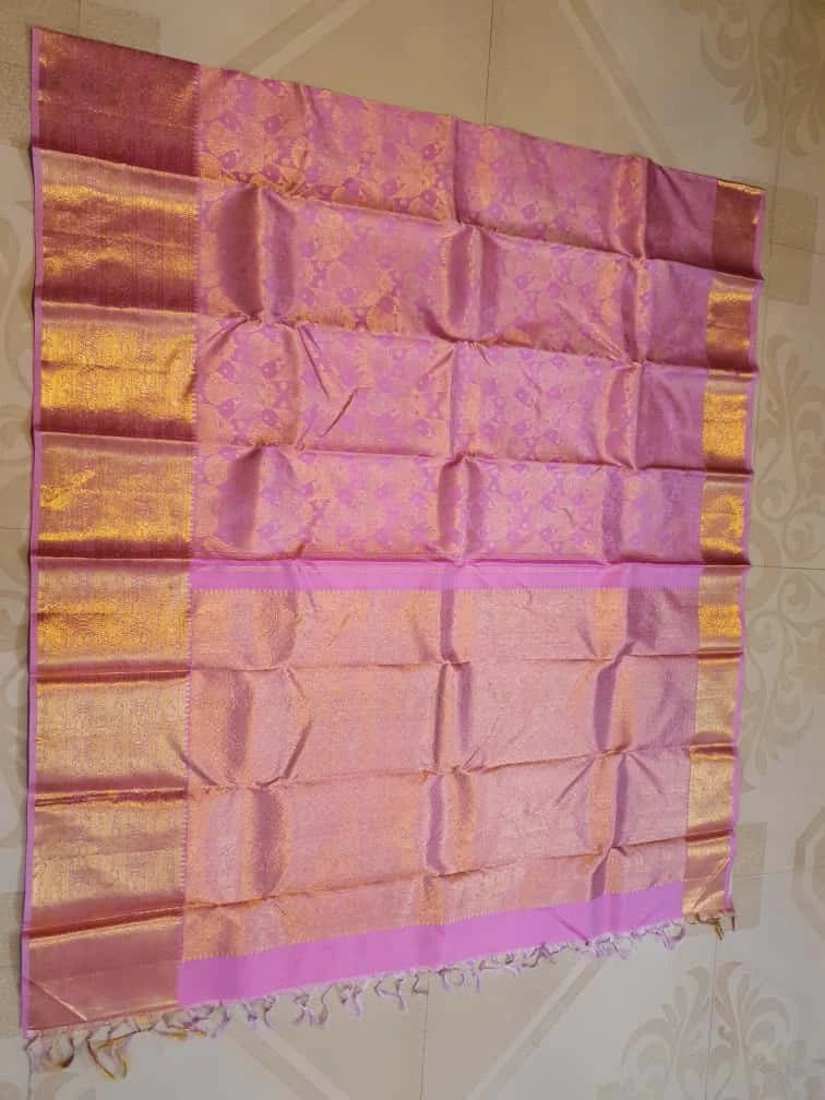 2G Pure Kanjivaram Silk Saree in Lavender Pink with Rich Gold Zari Floral Jangla Weave and Traditional Zari Border | Silkmark Certified