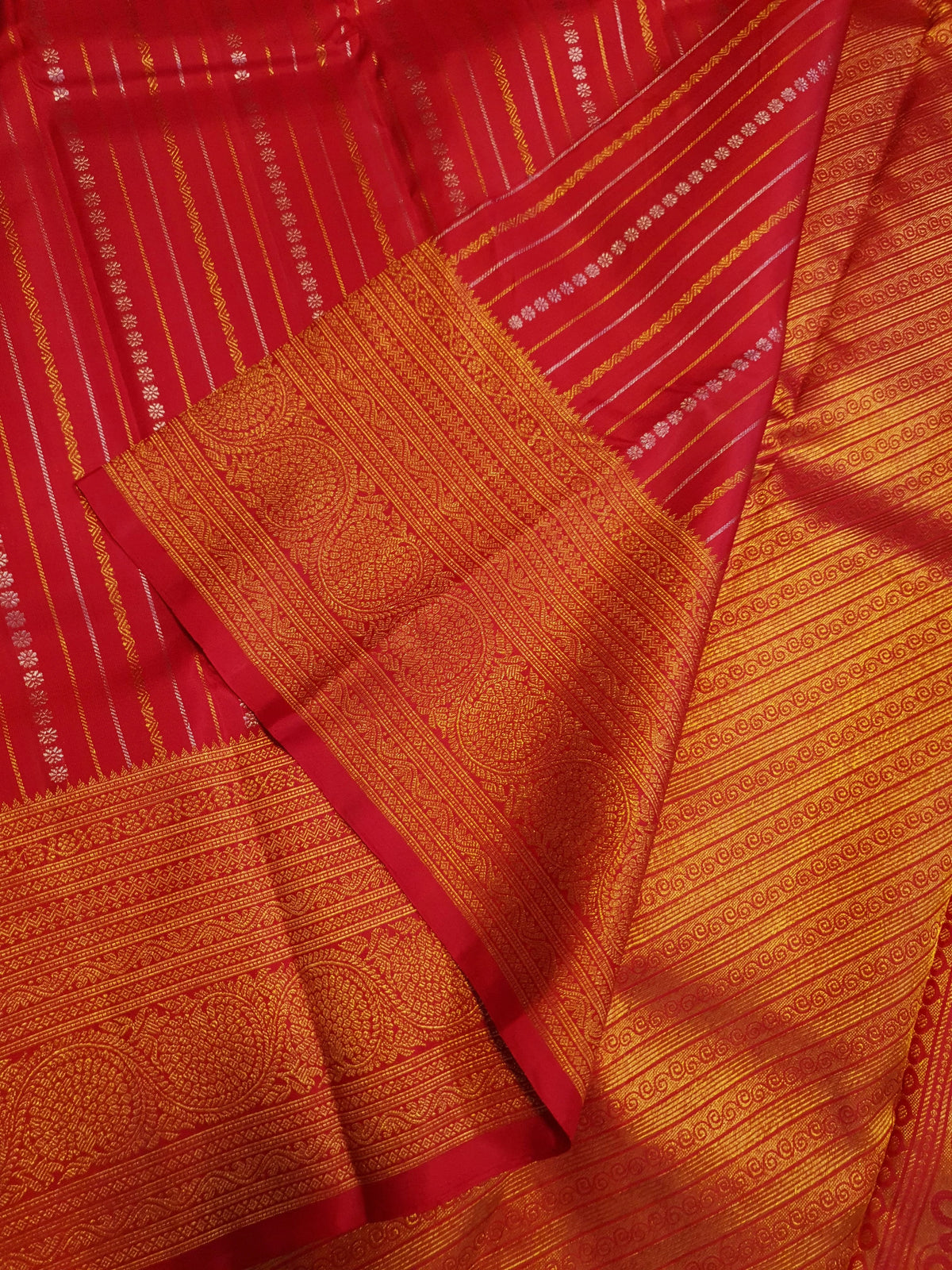 2G Pure Kanjivaram Silk Saree in Rich Red with Gold Zari Stripes & Traditional Paisley Border | Silkmark Certified