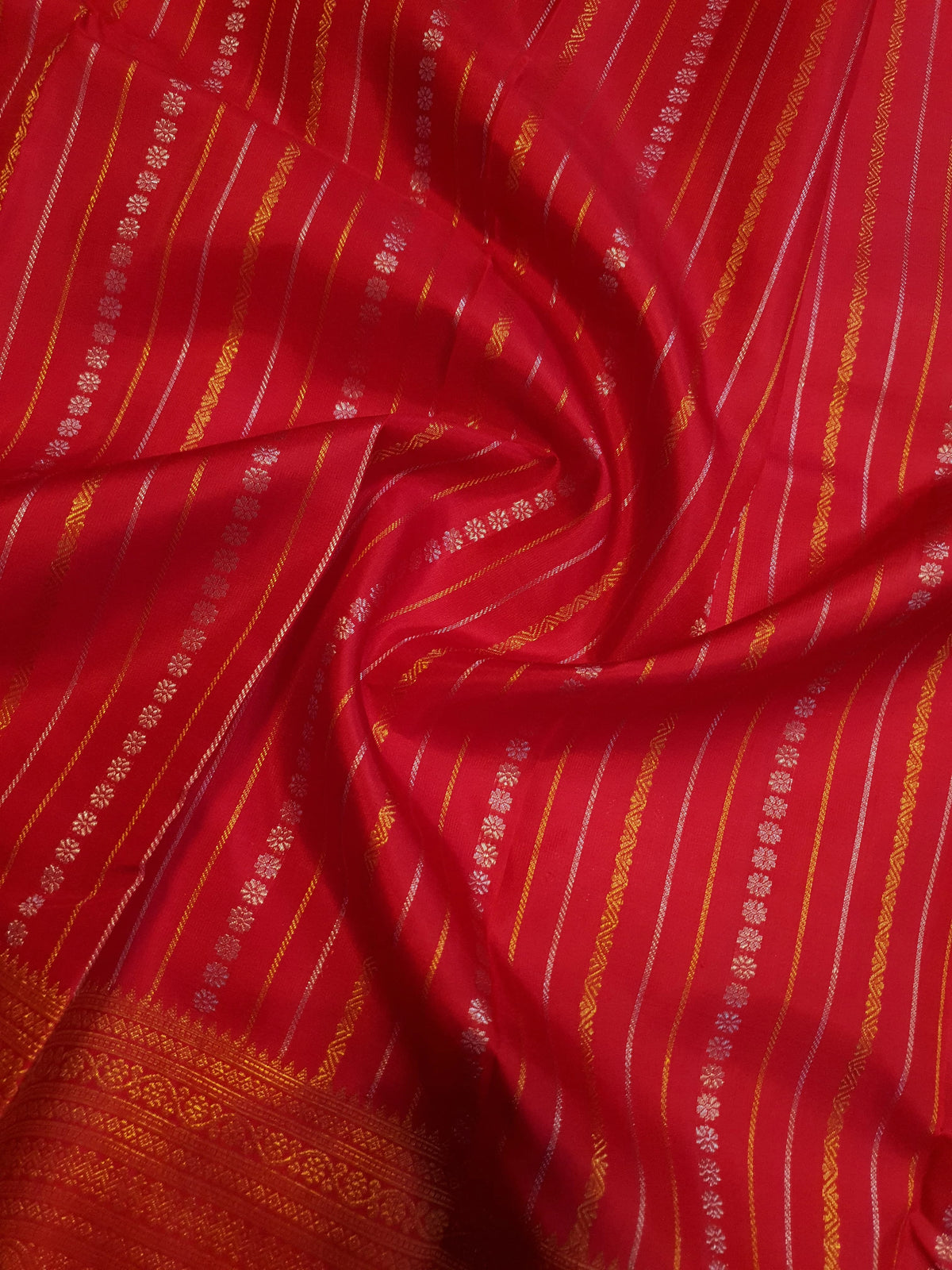 2G Pure Kanjivaram Silk Saree in Rich Red with Gold Zari Stripes & Traditional Paisley Border | Silkmark Certified