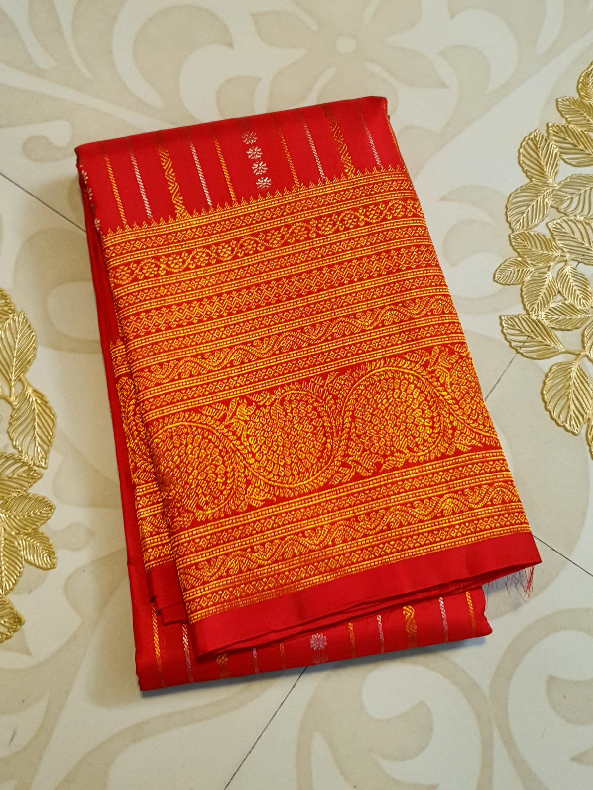 2G Pure Kanjivaram Silk Saree in Rich Red with Gold Zari Stripes & Traditional Paisley Border | Silkmark Certified