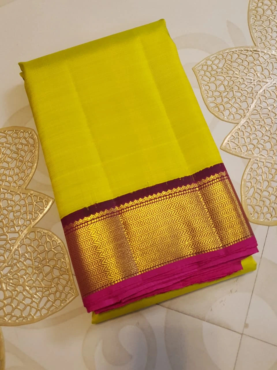 2G Pure Kanjivaram Silk Saree in Bright Yellow with Maroon and Gold Zari Border | Silkmark Certified