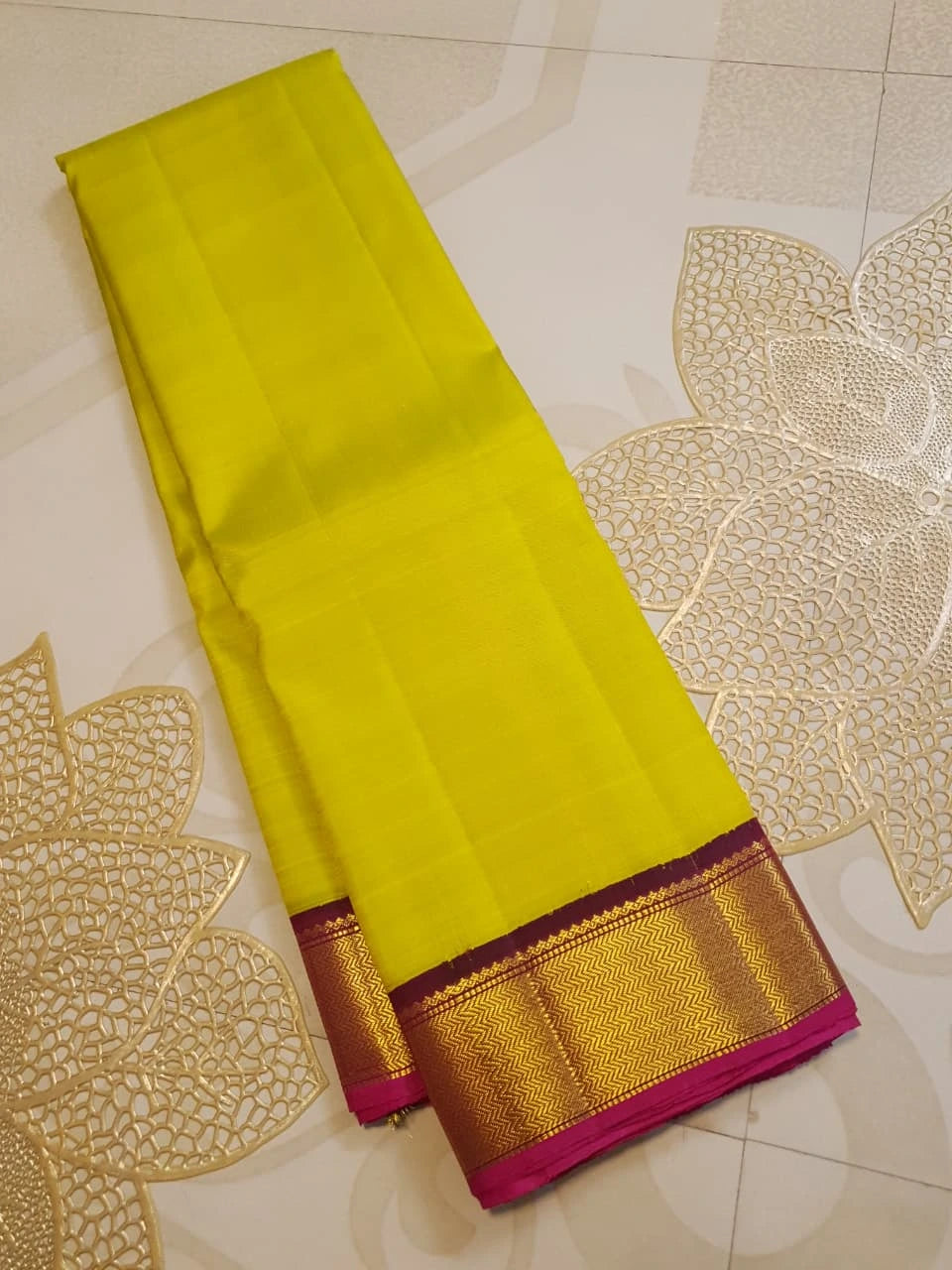 2G Pure Kanjivaram Silk Saree in Bright Yellow with Maroon and Gold Zari Border | Silkmark Certified