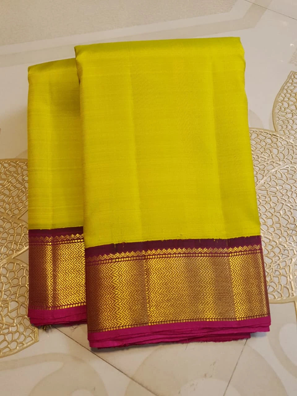 2G Pure Kanjivaram Silk Saree in Bright Yellow with Maroon and Gold Zari Border | Silkmark Certified