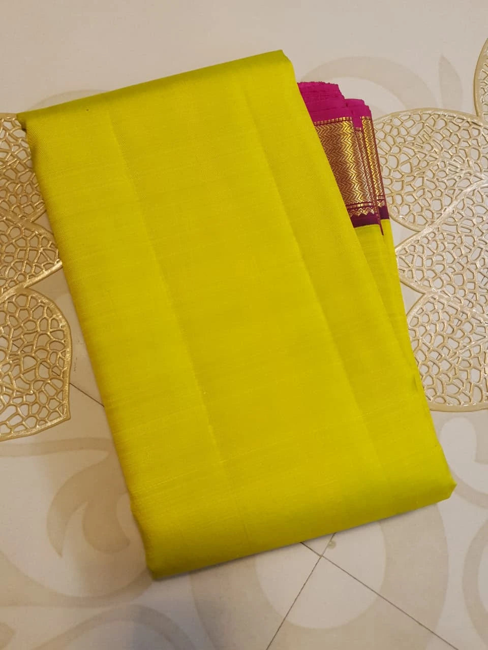 2G Pure Kanjivaram Silk Saree in Bright Yellow with Maroon and Gold Zari Border | Silkmark Certified