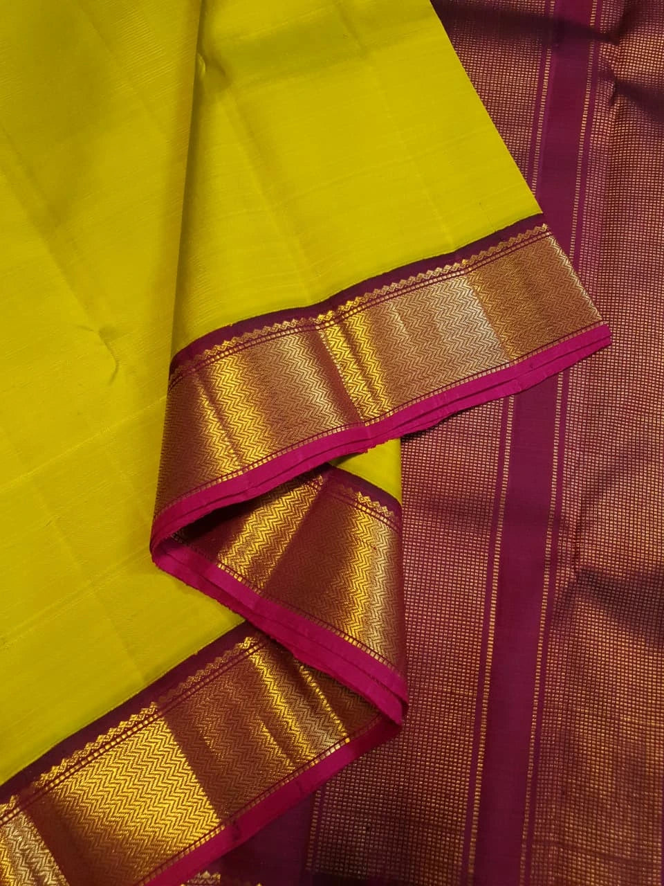 2G Pure Kanjivaram Silk Saree in Bright Yellow with Maroon and Gold Zari Border | Silkmark Certified