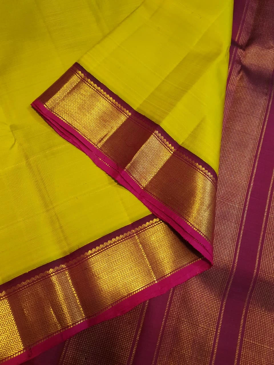 2G Pure Kanjivaram Silk Saree in Bright Yellow with Maroon and Gold Zari Border | Silkmark Certified