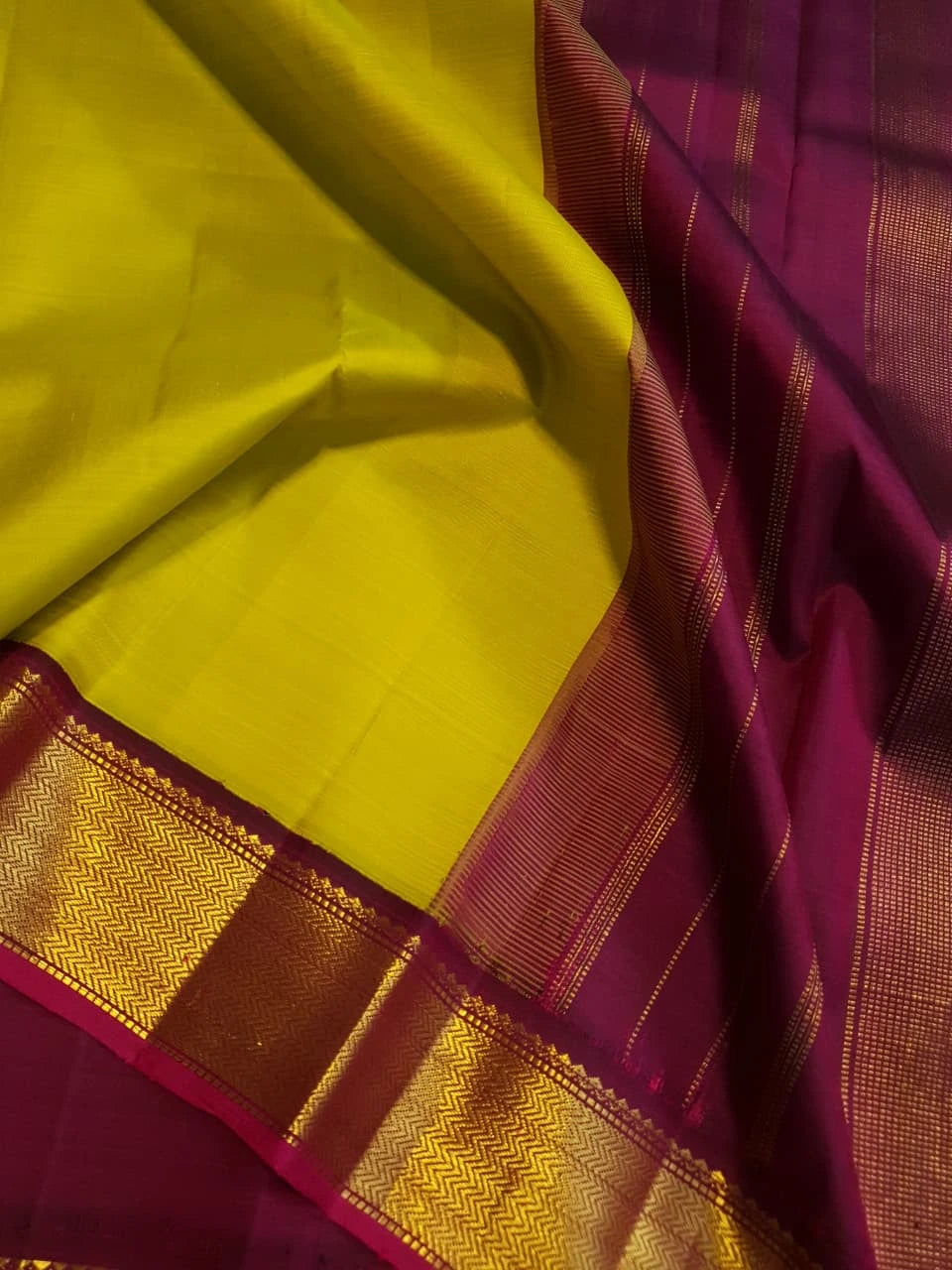 2G Pure Kanjivaram Silk Saree in Bright Yellow with Maroon and Gold Zari Border | Silkmark Certified