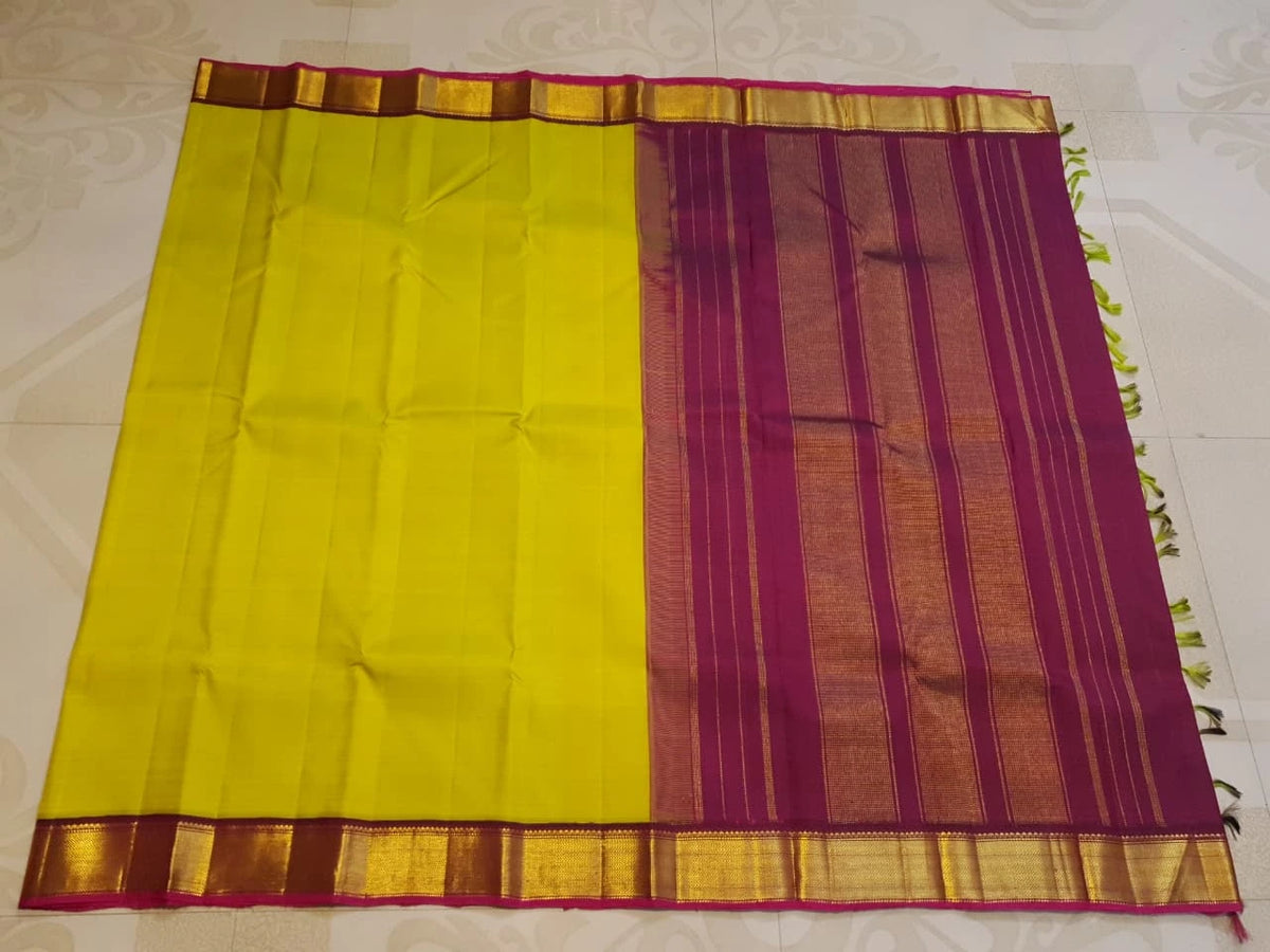 2G Pure Kanjivaram Silk Saree in Bright Yellow with Maroon and Gold Zari Border | Silkmark Certified