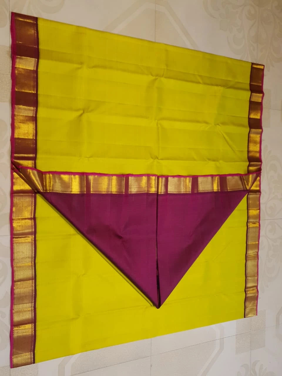 2G Pure Kanjivaram Silk Saree in Bright Yellow with Maroon and Gold Zari Border | Silkmark Certified