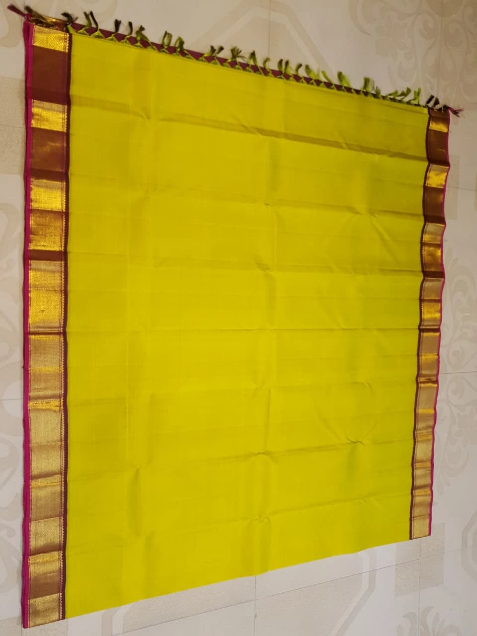 2G Pure Kanjivaram Silk Saree in Bright Yellow with Maroon and Gold Zari Border | Silkmark Certified