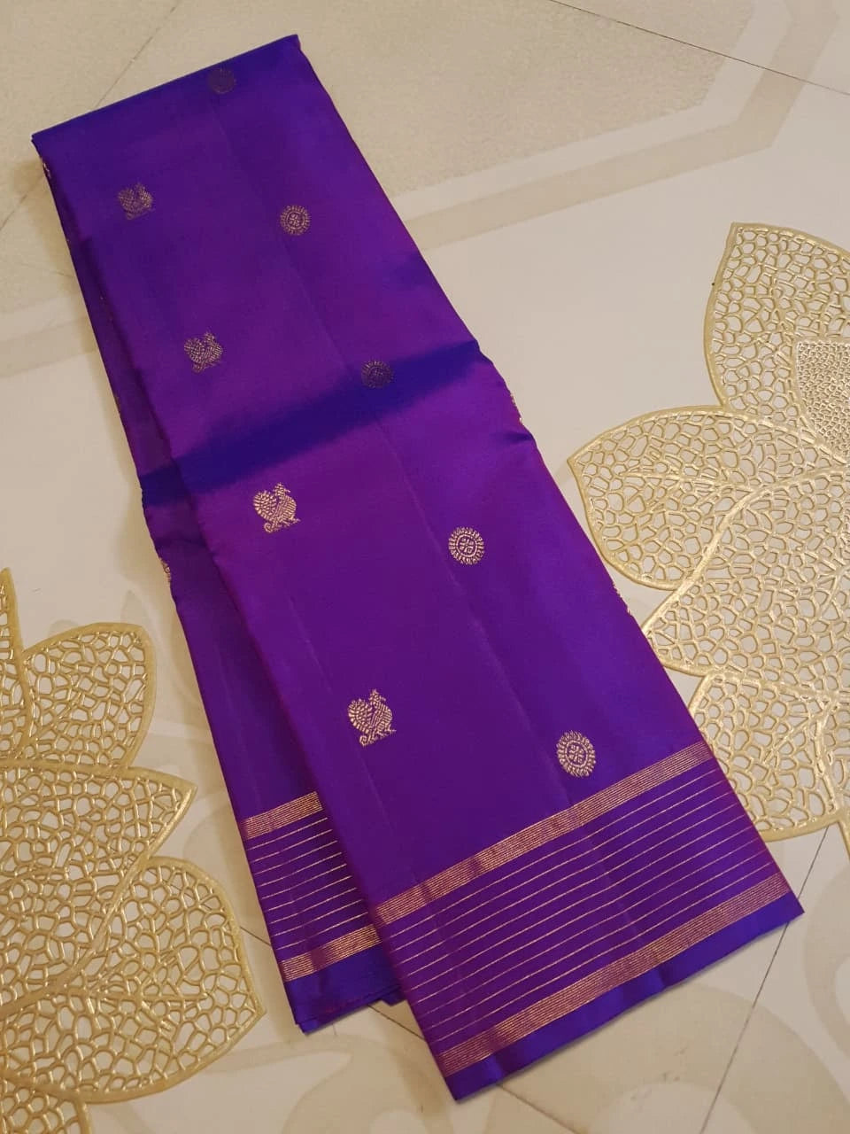 2G Pure Kanjivaram Silk Saree in Rich Purple with Traditional Gold Zari Peacock Buttas and Striped Border | Silkmark Certified