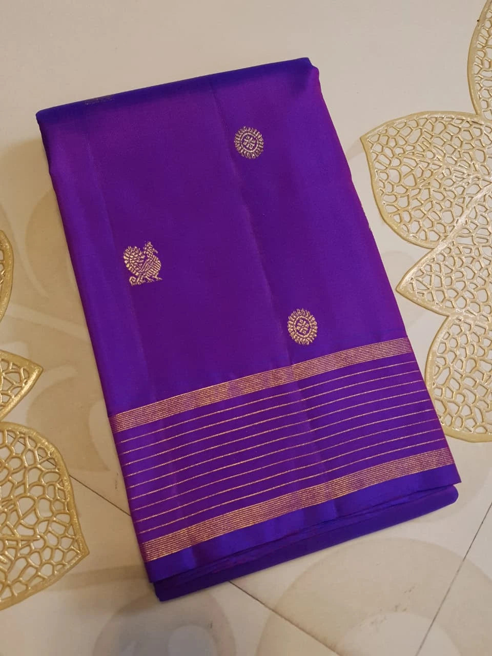 2G Pure Kanjivaram Silk Saree in Rich Purple with Traditional Gold Zari Peacock Buttas and Striped Border | Silkmark Certified
