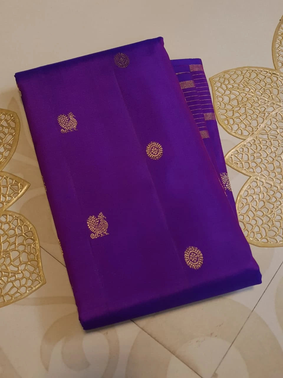 2G Pure Kanjivaram Silk Saree in Rich Purple with Traditional Gold Zari Peacock Buttas and Striped Border | Silkmark Certified