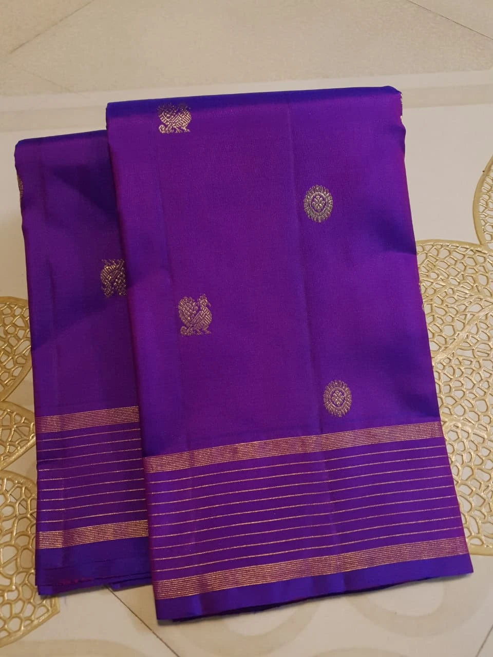 2G Pure Kanjivaram Silk Saree in Rich Purple with Traditional Gold Zari Peacock Buttas and Striped Border | Silkmark Certified