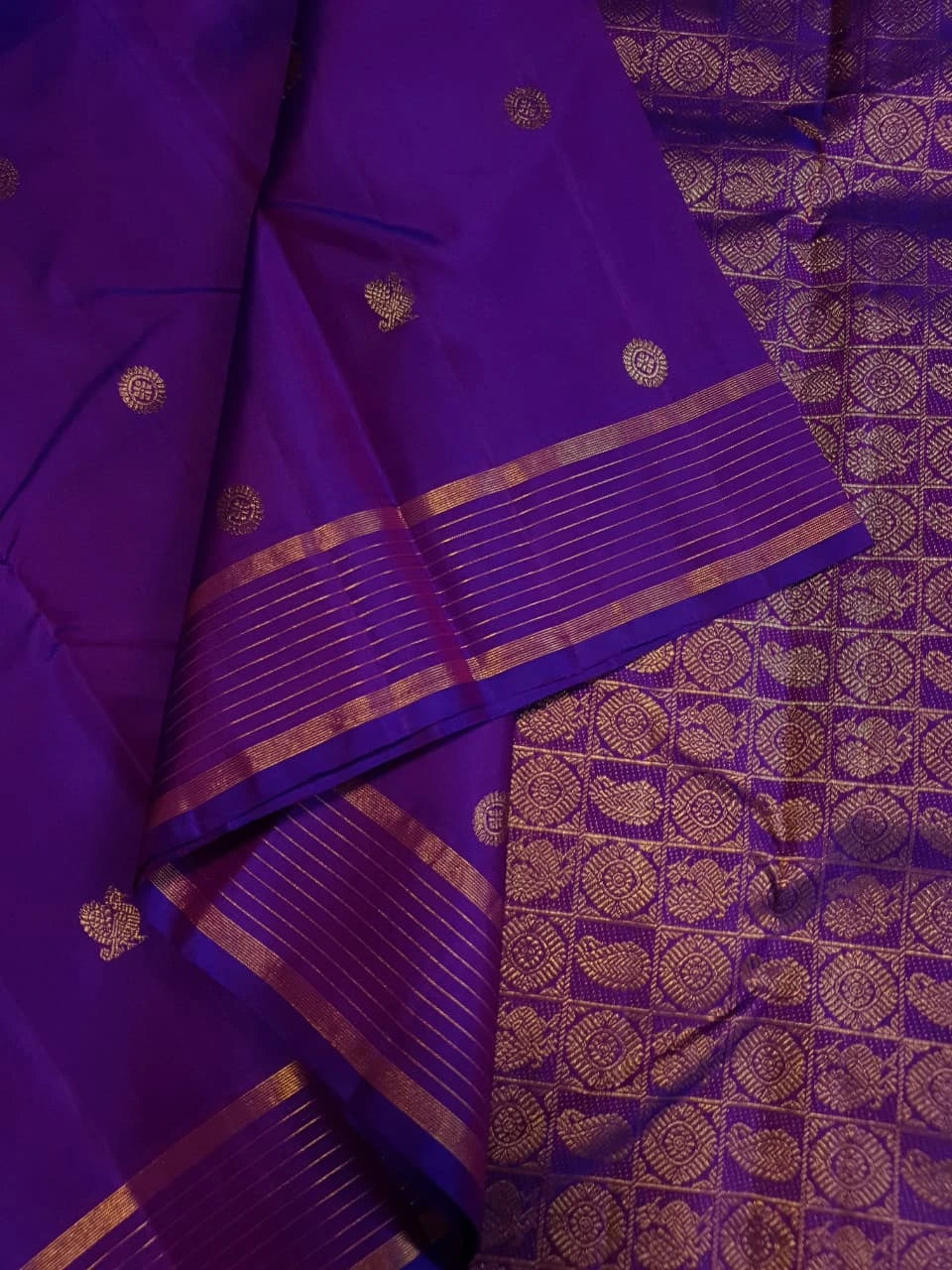 2G Pure Kanjivaram Silk Saree in Rich Purple with Traditional Gold Zari Peacock Buttas and Striped Border | Silkmark Certified