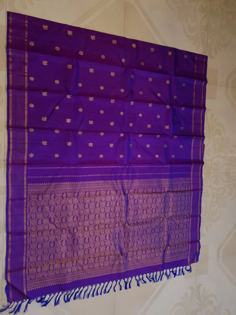 2G Pure Kanjivaram Silk Saree in Rich Purple with Traditional Gold Zari Peacock Buttas and Striped Border | Silkmark Certified
