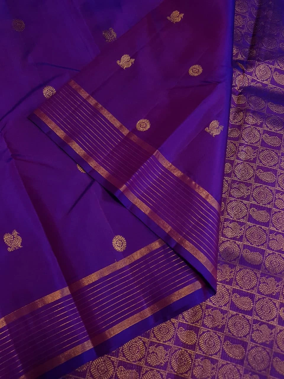 2G Pure Kanjivaram Silk Saree in Rich Purple with Traditional Gold Zari Peacock Buttas and Striped Border | Silkmark Certified