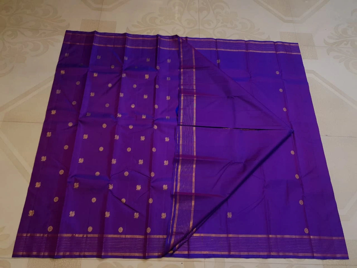 2G Pure Kanjivaram Silk Saree in Rich Purple with Traditional Gold Zari Peacock Buttas and Striped Border | Silkmark Certified
