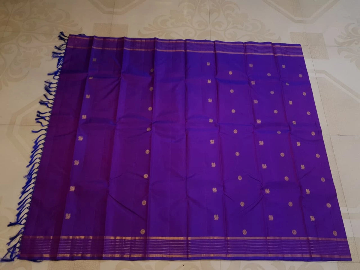 2G Pure Kanjivaram Silk Saree in Rich Purple with Traditional Gold Zari Peacock Buttas and Striped Border | Silkmark Certified