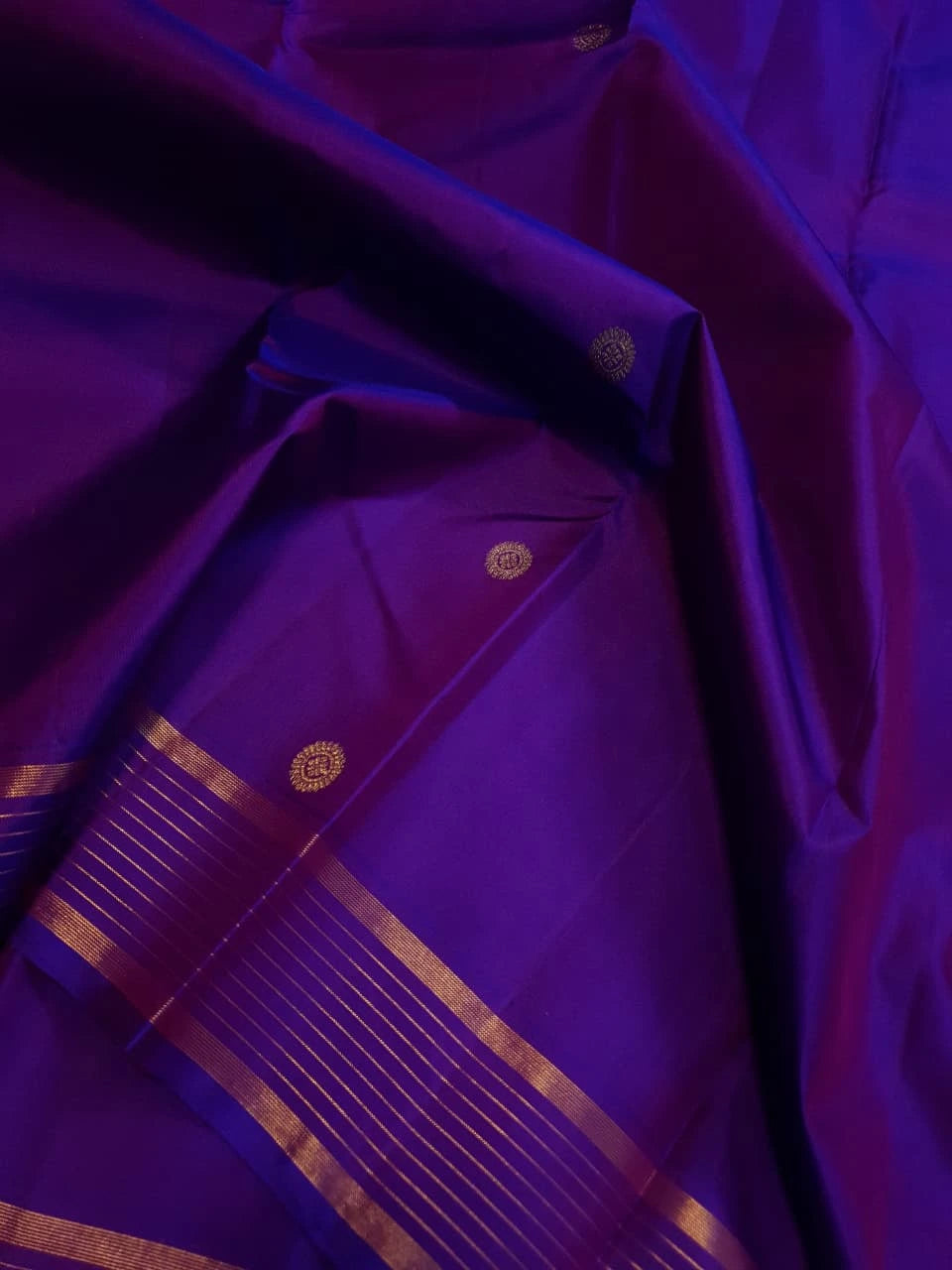 2G Pure Kanjivaram Silk Saree in Rich Purple with Traditional Gold Zari Peacock Buttas and Striped Border | Silkmark Certified
