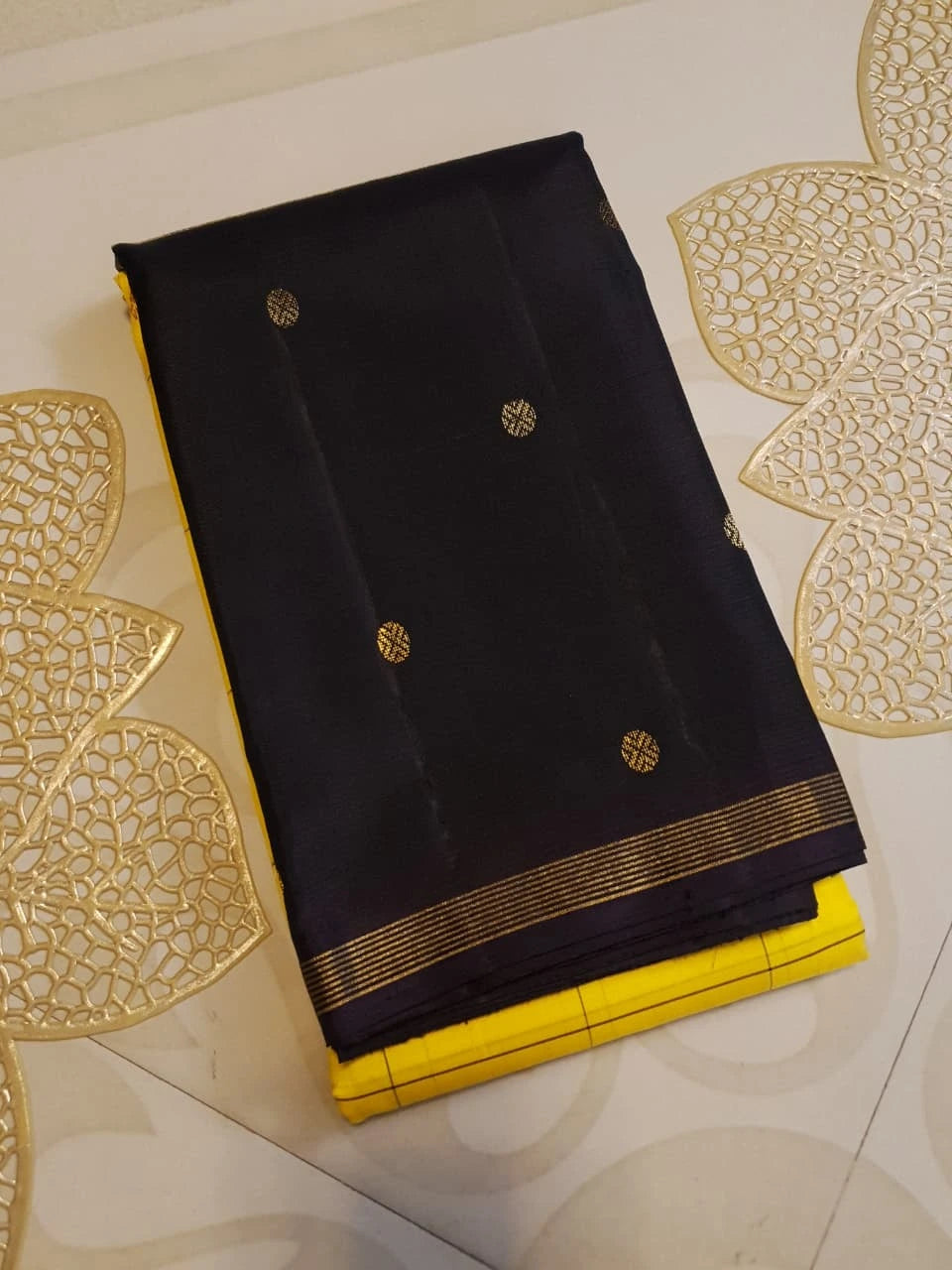 2G Pure Kanjivaram Silk Saree in Bright Yellow with Black Contrast Pallu, Checks and Zari Buttas | Silkmark Certified
